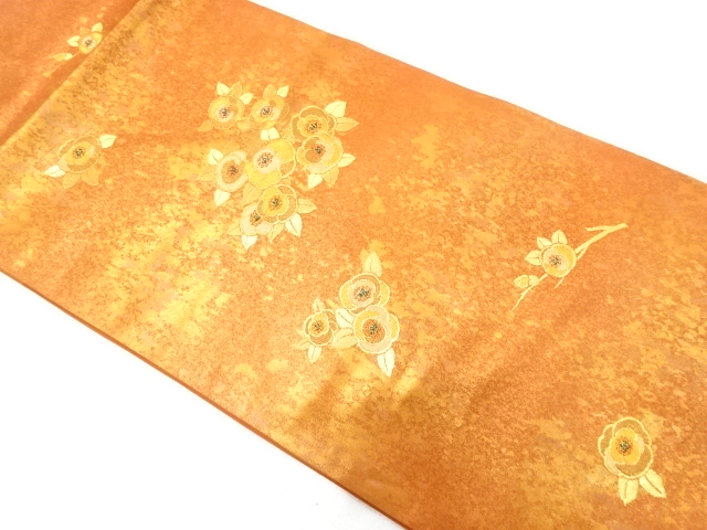 長谷川織物製　引箔　椿模様織り出し　名古屋帯